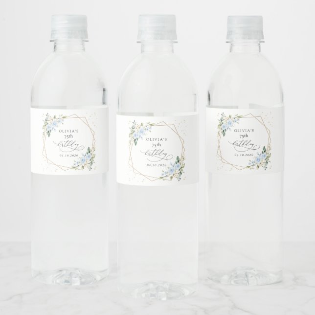 Étiquette Pour Bouteilles D'eau Blue Flowers, White Flowers, Greenery, Birthday (Bouteilles)