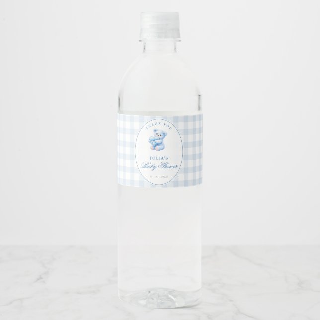 Étiquette Pour Bouteilles D'eau Blue Gingham Teddy Bear Neutral Baby Shower (Devant)