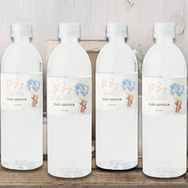 Étiquette Pour Bouteilles D'eau Blue Teddy Bear Oh Boy Baby shower Balloon (Créateur téléchargé)