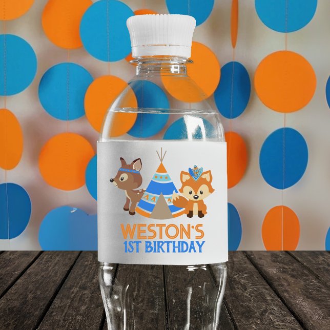 Étiquette Pour Bouteilles D'eau Blue Woodland Fox & Deer Anniversaire (Créateur téléchargé)