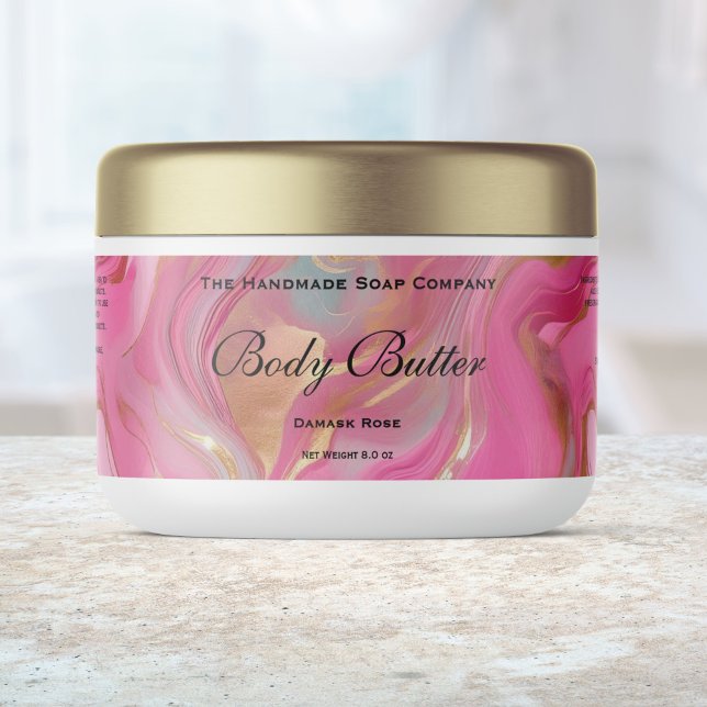 Étiquette Pour Bouteilles D'eau Body Butter Cosmetics Jar Label Pink Marble & Gold (Créateur téléchargé)