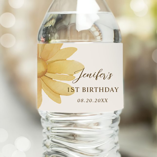 Étiquette Pour Bouteilles D'eau Bohème Jaune Daisy Floral 1er Anniversaire (Créateur téléchargé)