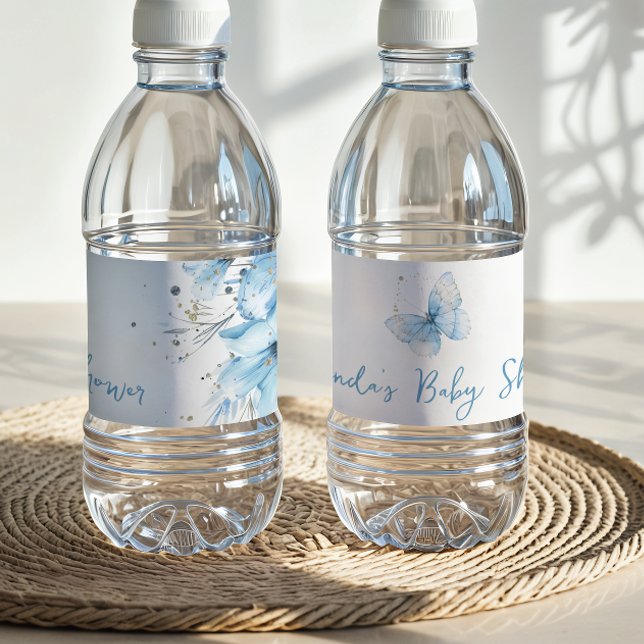 Étiquette Pour Bouteilles D'eau Boho Butterfly Wildflower Floral Blue Baby Shower (Créateur téléchargé)
