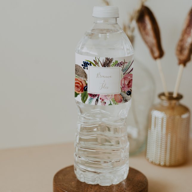 Étiquette Pour Bouteilles D'eau Boho en plumes d'or Mariage floral tropical (Créateur téléchargé)
