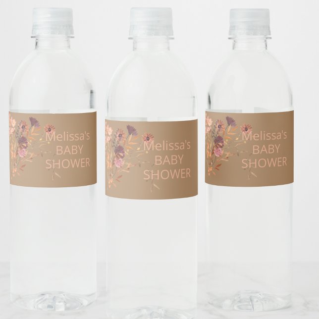 Étiquette Pour Bouteilles D'eau Boho Fall Mauve Feuilles d'or rose (Créateur téléchargé)