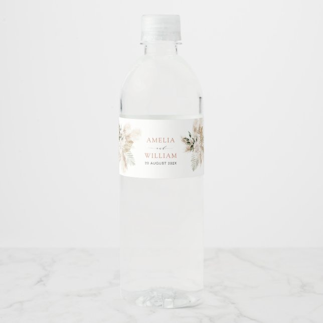 Étiquette Pour Bouteilles D'eau boho pampas herbe et verdure mariage (Devant)
