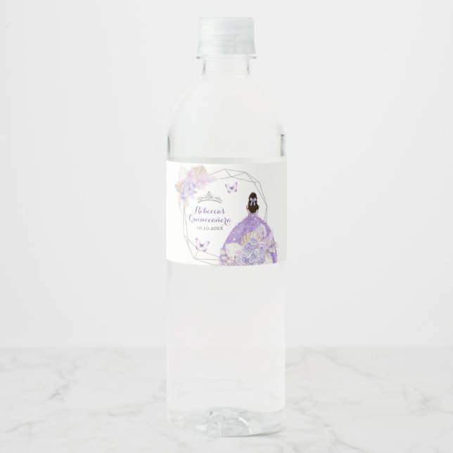 Étiquette Pour Bouteilles D'eau Boho Silver Purple Floral Butterfly Quinceañera (Devant)