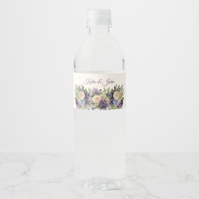 Étiquette Pour Bouteilles D'eau Bouquet de fleurs violettes d'aquarelle Mariage (Devant)