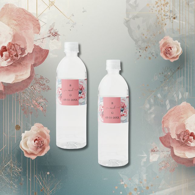 Étiquette Pour Bouteilles D'eau Bouquet de roses à l'aquarelle florale avec monogr (Créateur téléchargé)