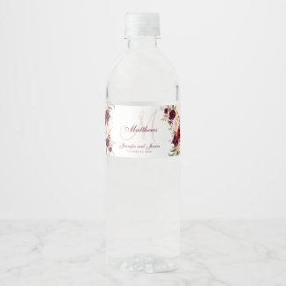 Étiquette Pour Bouteilles D'eau Bourgogne Floral Elegant Blush Monogram Mariage
