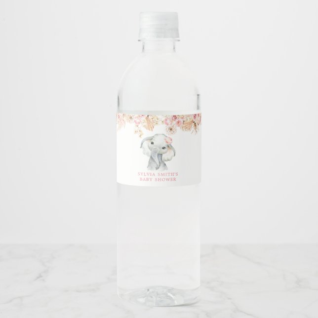 Étiquette Pour Bouteilles D'eau Bouteille d'eau Baby shower rose Boho Elephant Gir (Devant)