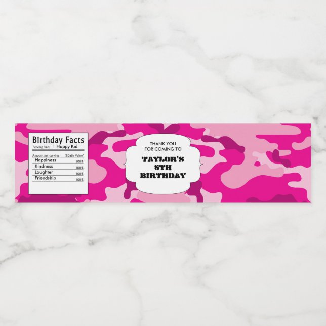 Étiquette Pour Bouteilles D'eau Camouflage rose fête d'anniversaire camo de l'armé (Étiquettes simples)