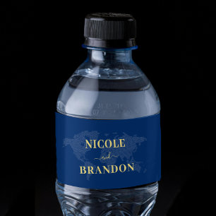 Étiquette Pour Bouteilles D'eau Carte du monde bleu Destination Mariage