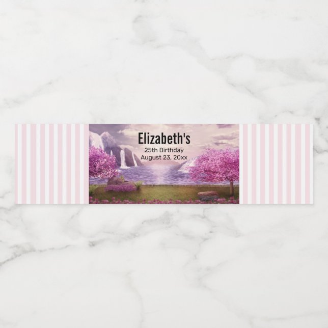 Étiquette Pour Bouteilles D'eau Cascades et cerisiers autour d'un lac Anniversaire (Étiquettes simples)