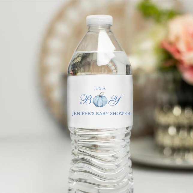 Étiquette Pour Bouteilles D'eau C'est un Garçon Baby shower Citrouille bleu (Créateur téléchargé)