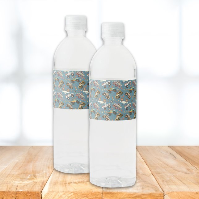 Étiquette Pour Bouteilles D'eau Chariot Monster moderne Anniversaire bleu (Créateur téléchargé)