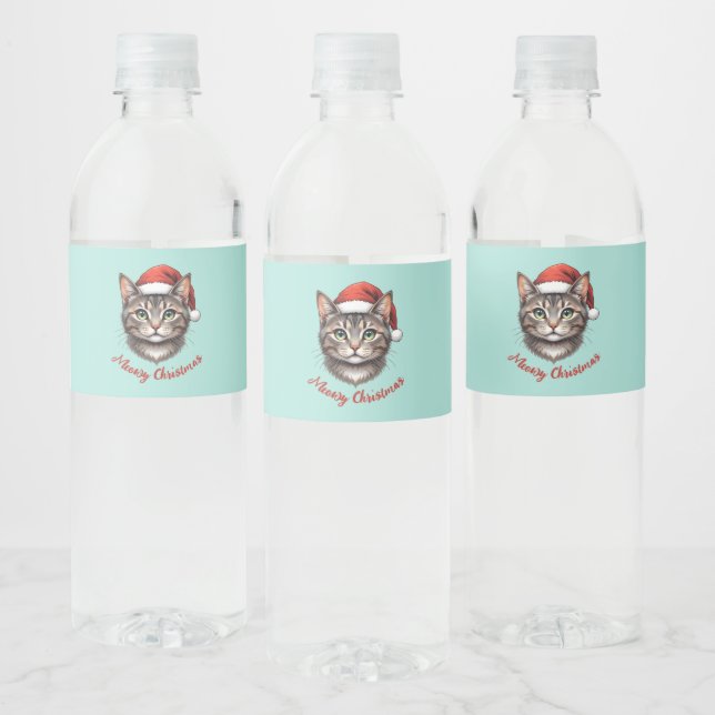 Étiquette Pour Bouteilles D'eau Chat de Noël mignon personnalisé avec chapeau de P (Bouteilles)