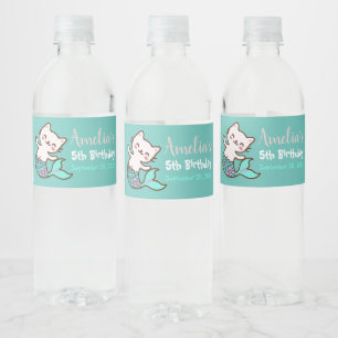 Étiquette Pour Bouteilles D'eau Chat Sirène Sous La Mer Cute Fille Anniversaire Bl