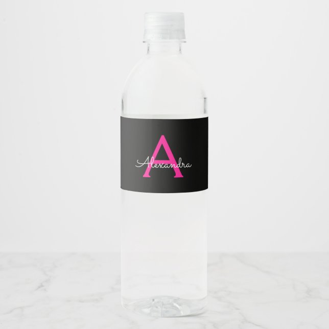 Étiquette Pour Bouteilles D'eau Chaud rose noir Script Girl Nom du monogramme (Devant)