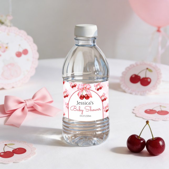 Étiquette Pour Bouteilles D'eau Cherry Pink Bow Girl Baby Shower  (Pink bow and cherry baby shower water bottle labels)