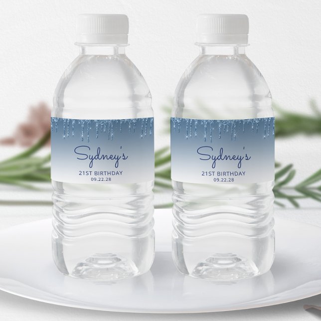 Étiquette Pour Bouteilles D'eau Chic Blue Parties scintillant Drip 21e fête d'anni (Créateur téléchargé)