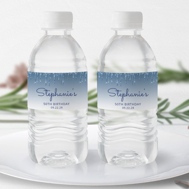 Étiquette Pour Bouteilles D'eau Chic Blue Parties scintillant Drip 50th Birthday P (Créateur téléchargé)