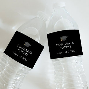 Étiquette Pour Bouteilles D'eau Chic Dark Black Congrats Grad Casquette Nom Gradua