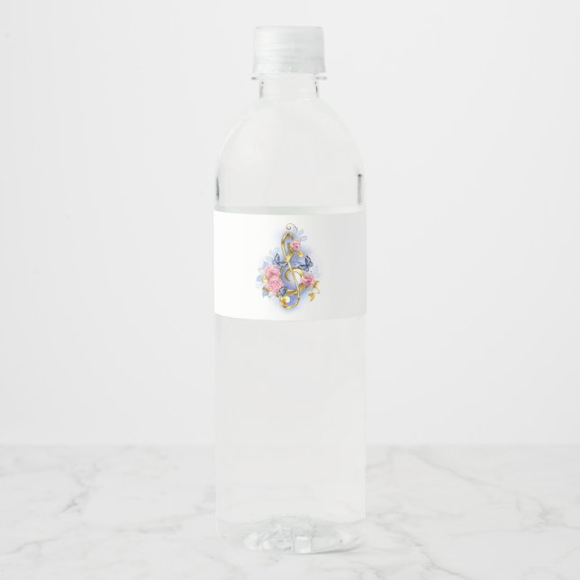 Étiquette Pour Bouteilles D'eau Clé de sol avec roses roses (Devant)