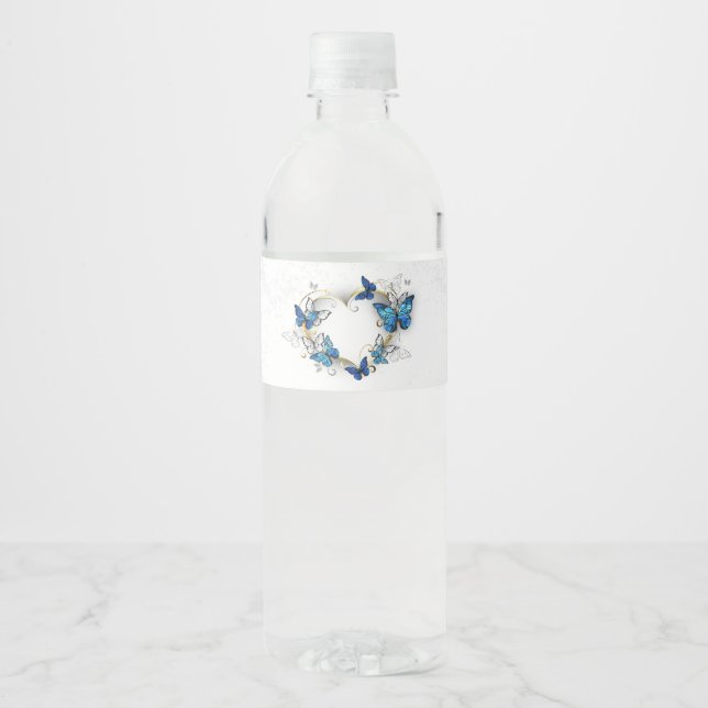 Étiquette Pour Bouteilles D'eau Coeur bijoux avec papillons Morpho (Devant)