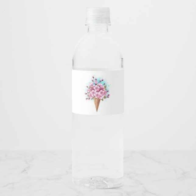 Étiquette Pour Bouteilles D'eau Cône rose Sakura crème glacée gaufre (Devant)