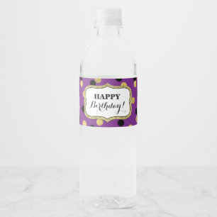 Étiquette Pour Bouteilles D'eau Confetti en or noir violet Joyeux anniversaire!
