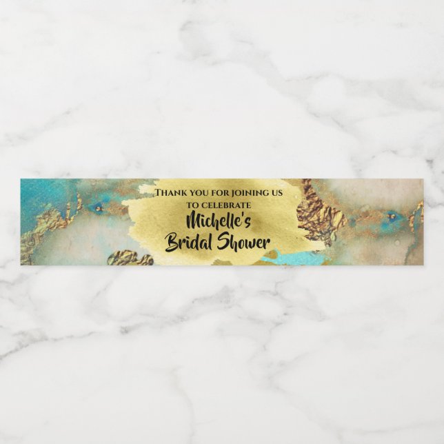 Étiquette Pour Bouteilles D'eau Couleurs de géode paon aquarelle agate or bleu (Étiquettes simples)