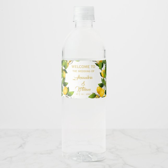 Étiquette Pour Bouteilles D'eau Couronne de jardin au citron moderne | Mariage (Devant)