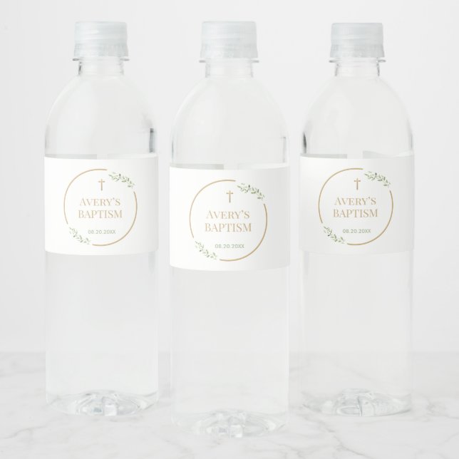 Étiquette Pour Bouteilles D'eau Couronne de verdure de croix dorée élégante Baptêm (Bouteilles)