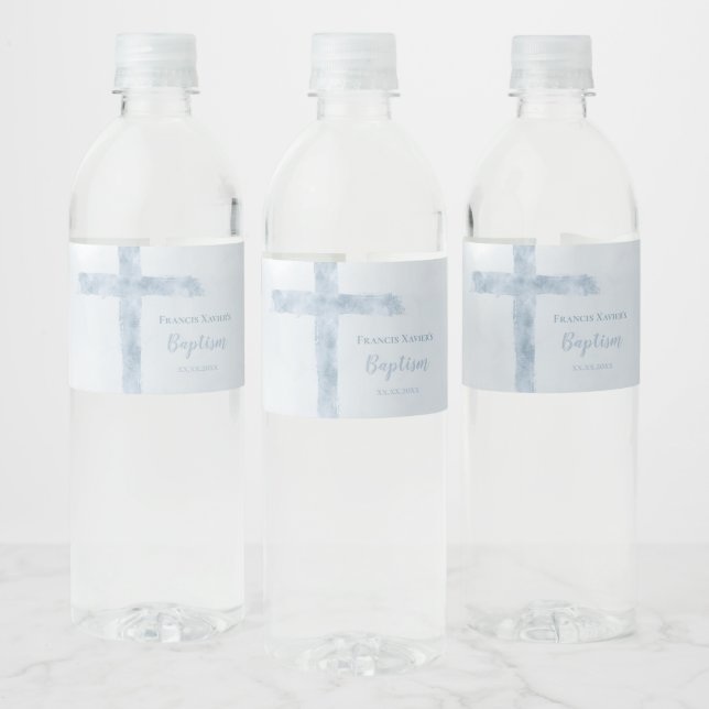 Étiquette Pour Bouteilles D'eau croix bleu aquarelle Baptême (Bouteilles)