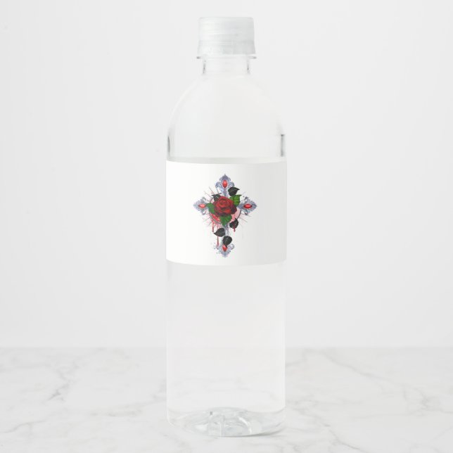 Étiquette Pour Bouteilles D'eau Croix d'argent avec une rose rouge (Devant)