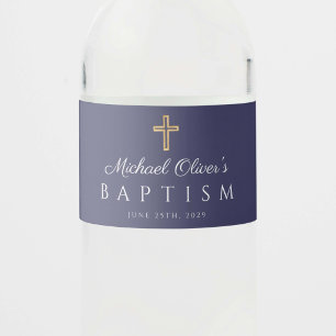 Étiquette Pour Bouteilles D'eau Croix Religieuse Bleu Marine Garçon Baptême