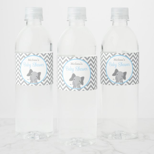 Étiquette Pour Bouteilles D'eau Cute Elephant Chevron Baby shower bleu clair (Bouteilles)