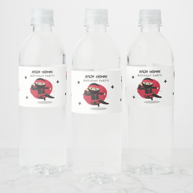 Étiquette Pour Bouteilles D'eau Cute Ninja Warrior Black & Red Anniversaire de enf (Bouteilles)