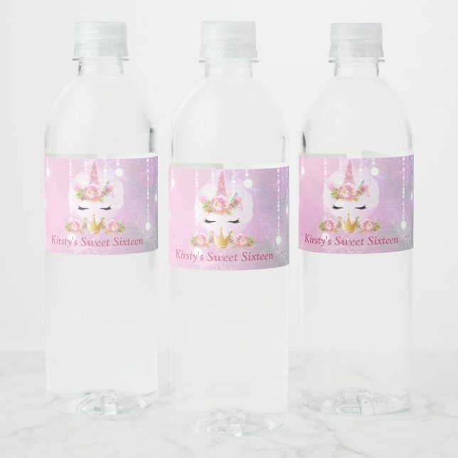 Étiquette Pour Bouteilles D'eau Cute Unicorn Face rose Fleurs Sweet sixteen (Bouteilles)