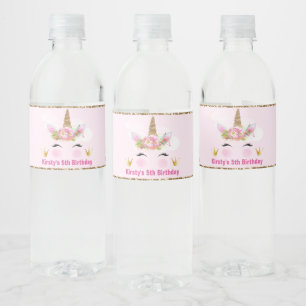 Étiquette Pour Bouteilles D'eau Cute Unicorn Visage & Parties scintillant Or Anniv