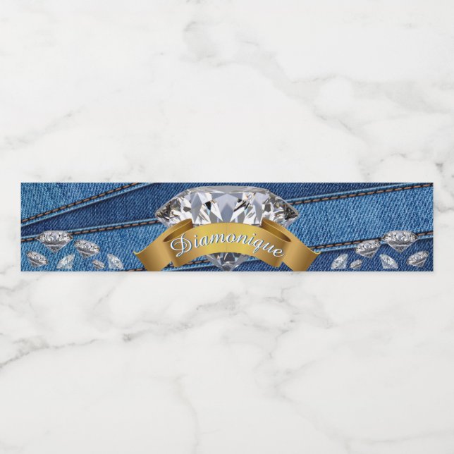 Étiquette Pour Bouteilles D'eau Denim & Diamonds| Jean Bleu & Diamant Bannière (Étiquettes simples)