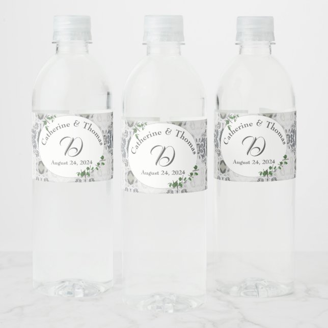 Étiquette Pour Bouteilles D'eau Dentelle blanche et Feuilles Roses (Bouteilles)