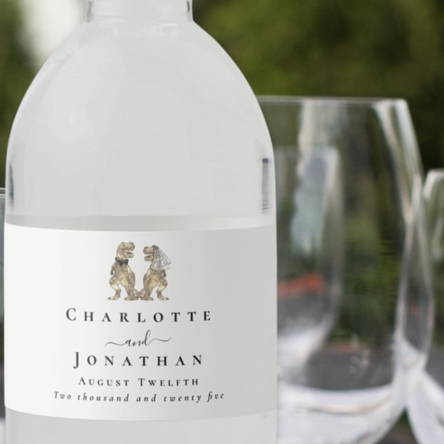 Étiquette Pour Bouteilles D'eau Dinosaur thème Mariage personnalisé (Dinosaur wedding personalized big water bottle labels modern Elegant script T-Rex bride and groom)