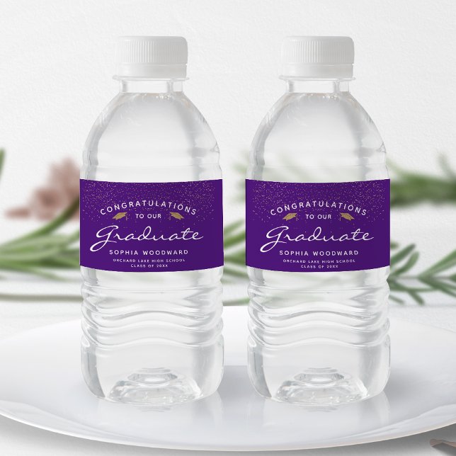 Étiquette Pour Bouteilles D'eau Diplômé Casquette Or Écriture Blanche Violet (Créateur téléchargé)