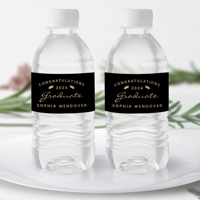 Étiquette Pour Bouteilles D'eau Diplômé Casquette Script Or Noir 2026 (Créateur téléchargé)