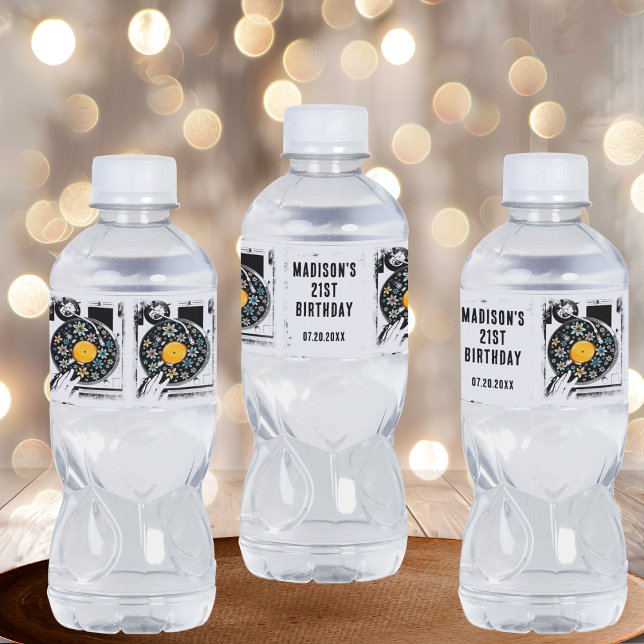 Étiquette Pour Bouteilles D'eau Disque vinyle personnalisé à motif floral rétro  (Créateur téléchargé)