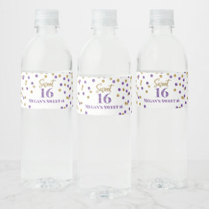 Étiquette Pour Bouteilles D'eau Douce 16 Confetti d'or violet d'anniversaire