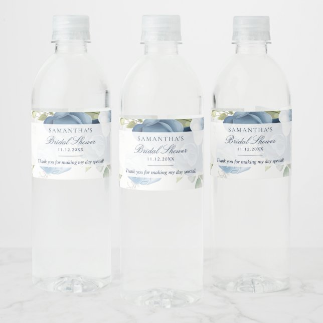 Étiquette Pour Bouteilles D'eau Douche Bleue Florale Aquarelle Écriture Mariage (Bouteilles)