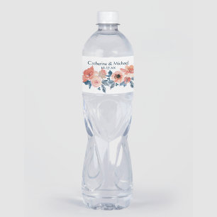 Étiquette Pour Bouteilles D'eau Dusty Blue & Coral Rose Aquarelle Mariage Floral